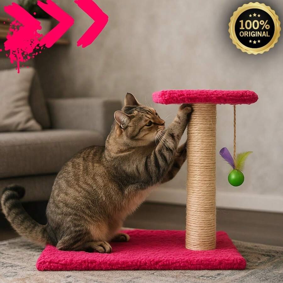 Arranhador Poste de Sisal Para Gatos com Brinquedo Interativo - Mola - Rosa - Visão 1