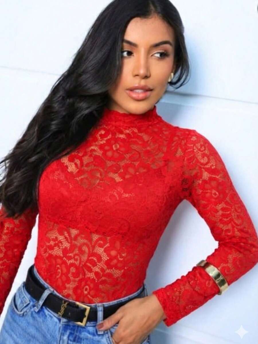 Women's Lace Blouse, No Transparent Lace, Night Blouse - Red - View 1