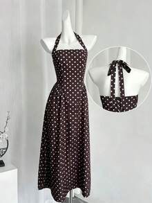 Petite Women's Polka Dot Print Bohemian Elegant Backless Bow Tie Mid-Length Dress, Zipper Back, Suitable For Casual, Holiday Wear - Coffee - View 3