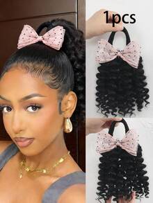 1 Tóc giả đuôi ngựa bện tay 8 inch, tóc giả tổng hợp có chi tiết nơ, có thể tháo rời và tái sử dụng, lý tưởng cho phụ nữ. - Màu đen tự nhiên - Xem 8