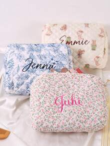客製化刺繡化妝包，可客製姓名，粉色花卉格紋絎縫化妝包，伴娘新娘化妝收納袋，適用婚禮與新娘派對，大容量旅行化妝包，送禮首選 - 彩色 - 查看 6