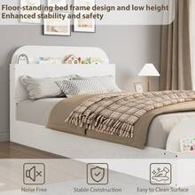 Marco de cama tamaño queen con cabecero y pie de cama con espacio de almacenamiento, plataforma de madera de perfil bajo, soporte de listones de madera resistentes, no necesita somier, fácil montaje. - Blanco - Ver 6