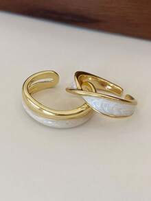 2枚不对称金色交叉双层釉面戒指，小众设计开口戒指 - 金色 - 查看 2