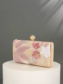 1pc New Floral Sequin Handbag, Vintage Sequin Embroidered Flower Chain Shoulder Bag, Mini Box Bag, Suitable For Party Girls, Brides, Newlyweds And Office Ladies For Party, Ball, Wedding (Pattern Random) - Pink - View 5