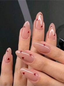 24pcs Almond-Shaped Red French Tip Press-On Nails Almond Perfectly Fits Acrylic Nail Tips Set Includes: 1pc Jelly Gel And 1pc Nail File Easy To Wear French Manicure And Valentine's Day Nail Design Suitable For Women's Daily Work And Parties. - 多色的 - 查看 7