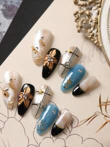 10pcs Press On Acrylic Nails Fake Nails Long Black Blue Golden Big Flower Pure Handmade Production Nails Long Nails Press On Nails Set Includes 1sheet Adhesive Tabs &1 Pc Mini File Handmade Press On Nails - Multicolor - View 2