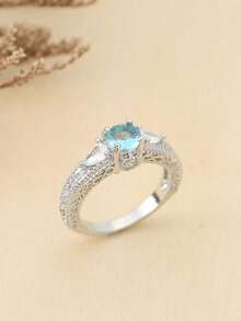 1枚流行女士时尚优雅休闲海蓝宝石锆石铜戒指，婚礼订婚派对珠宝礼物 - 銀色 - 查看 3