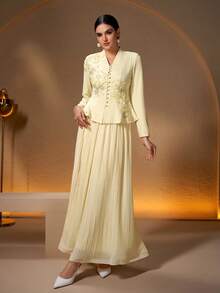 2pcs Women's Elegant V-Neck Applique Design Pleated Dress, Suitable For Daily, Festival, Casual Occasions, Solid Color Spring - Pale Yellow - View 6