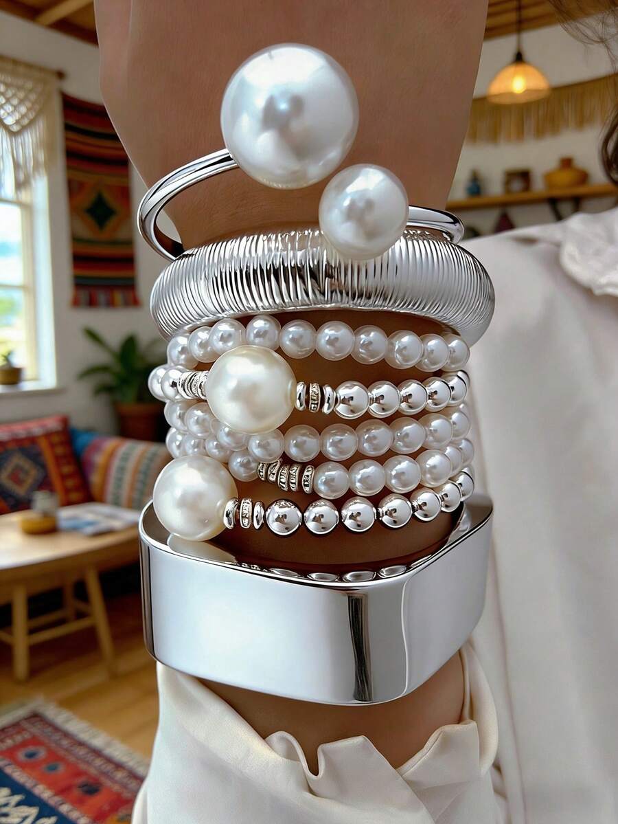 5 Peças/Conjunto Pulseira Multicamadas Vintage Exagerada com Contas de Moeda e Pérolas Falsas, Pulseira de Bracelete com Strass Estilo Y2K Criativo e de Luxo para Mulheres, Adequado para Feriados, Casamentos, Festas, Uso Diário, Joias de Alto Custo-Benefício, - Prata - Visão 1