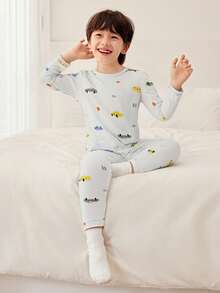 mini bala Kids Thermal Underwear Set, Soft & Antibacterial Fabric, Breathable, Cute Nordic Style Fall Winter Base Layer - Gray Blue - View 3