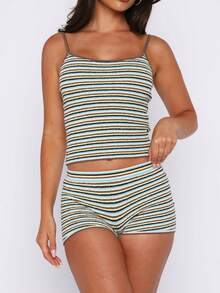 Women's Shorts Sets Summer 2 Piece Outfits Striped Sleeveless Cami Top Booty Shorts Beach Vacation Clothes Fitted 2 Piece Lounge Set - 淺綠 - 查看 3