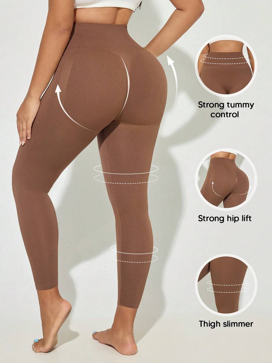 Plus Size Women High Waist Slimming Shaping Leggings, Compression Tight Pants - Brown - View 1