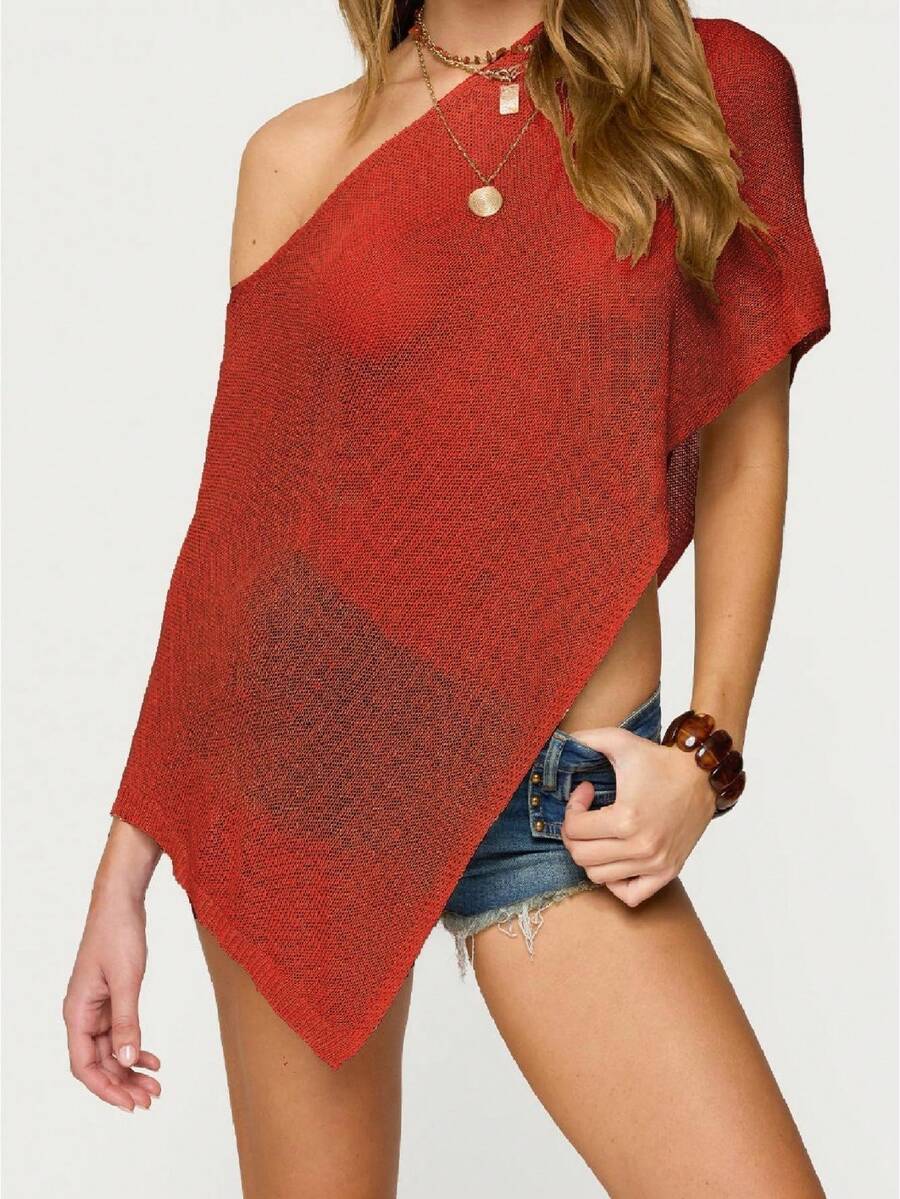 Women's Sheer Ponchos Off Shoulder Short Sleeve Solid Color T-Shirts Asymmetrical Knit Tops - 紅色 - 查看 1
