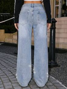 Jeans de pierna ancha con estampado de estrellas de strass de cintura alta para mujer, lavado claro recto de mezclilla - Celeste - Ver 8