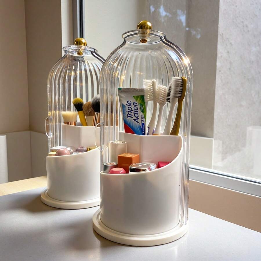 Toothbrush Holders With Cover 360 Rotating 3 Slots Bathroom Counter Organizer Stand Sink Organizer, Desktop Countertop Storage - Dustproof, Anti-Slip, Drainage Design, Bathroom Organizer, Toothbrush & Makeup Brush Organizer, Bathroom Decor, Holiday Gift - 白色 - 查看 1