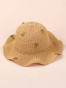 1顶婴儿/幼儿/小女孩透气针织宽檐菠萝装饰遮阳帽，防紫外线 - 1PC - 查看 3