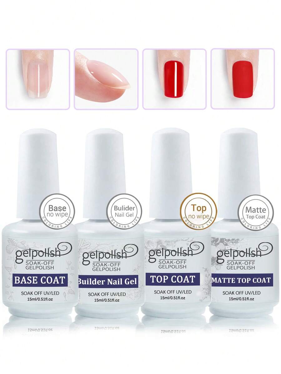 4PCS 15ml Spring Summer Base Gel And Top Coat And Matte Top Coat And Building Nail Gel 7 IN 1 Building Nail GEL Set , Shine Finish And Long Lasting, Soak Off LED Nail Lamp Gel Valentine's Day Gifts For Women, For Home DIY And Nail Salon - 無色 - 查看 1