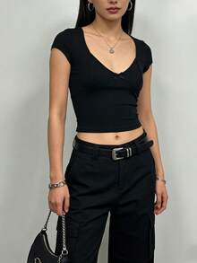 Y2K甜美酷炫深V领修身女式T恤，适合夏季日常、约会、聚会、外出休闲穿着 - 黑色 - 查看 6