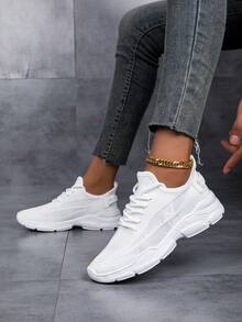 Women's Casual Fashion White Slip-On Athletic Shoes, Outdoor Breathable Running Sneakers With Mesh Lace-Up - White - View 4