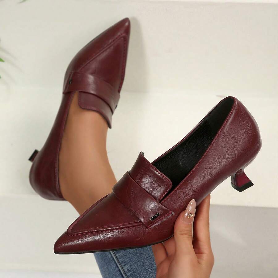 Damen Spitzschuh Kitten Heel Loafer, Kunstleder Mode High Heels, geeignet für Büro, Alltag, Lässig Ausflüge und Geschäftstreffen, bequeme Absätze, erhältlich in Schwarz, Burgund, Beige - ein zeitloser modischer Schuh für die stilvolle moderne Frau - Bordeaux - Übersicht 1