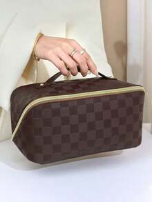 1pc PU Leather Travel Makeup Bag, Cosmetic Storage Pouch, Toiletry Organizer Bag For Skincare, Makeup, Brushes, Powder, Lipstick, Suitable For Beach, School, Bathroom, Holidays, Valentine's Day, Christmas Gifts For Mom, Family, Friends, Students, Essential For Autumn Travel - Brown - View 12