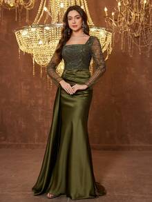 UNITHORSE Women's Square Neck Long Sleeve Sequin Patchwork Satin Evening Dress - Olive Green - View 5
