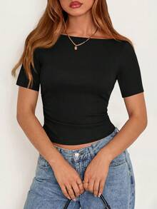 Fall New Arrival Women's Long-Sleeve Top Crop-Top Style Casual Outerwear Boat Neck With Bell Sleeves Ribbed Pleated Design Millennial-Inspired Fashion - đen - Xem 1