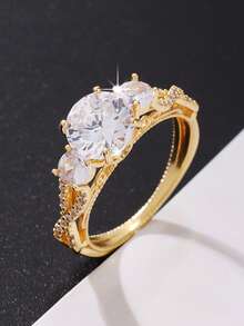 1枚优雅订婚戒指，奢华女士结婚周年纪念戒指，永恒承诺戒指，情人节礼物，四季皆宜的珠宝 - 金黃色 - 查看 1