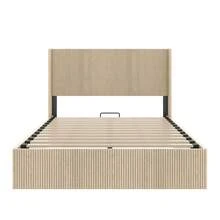 Large Grooved Undulating Lift Storage Bed Frame, Wooden Platform Bed Frame With Lift Storage, No Spring Box Required/No Noise, Rustic Brown Slatted Natural Wood(
King) - Oak color - 查看 6