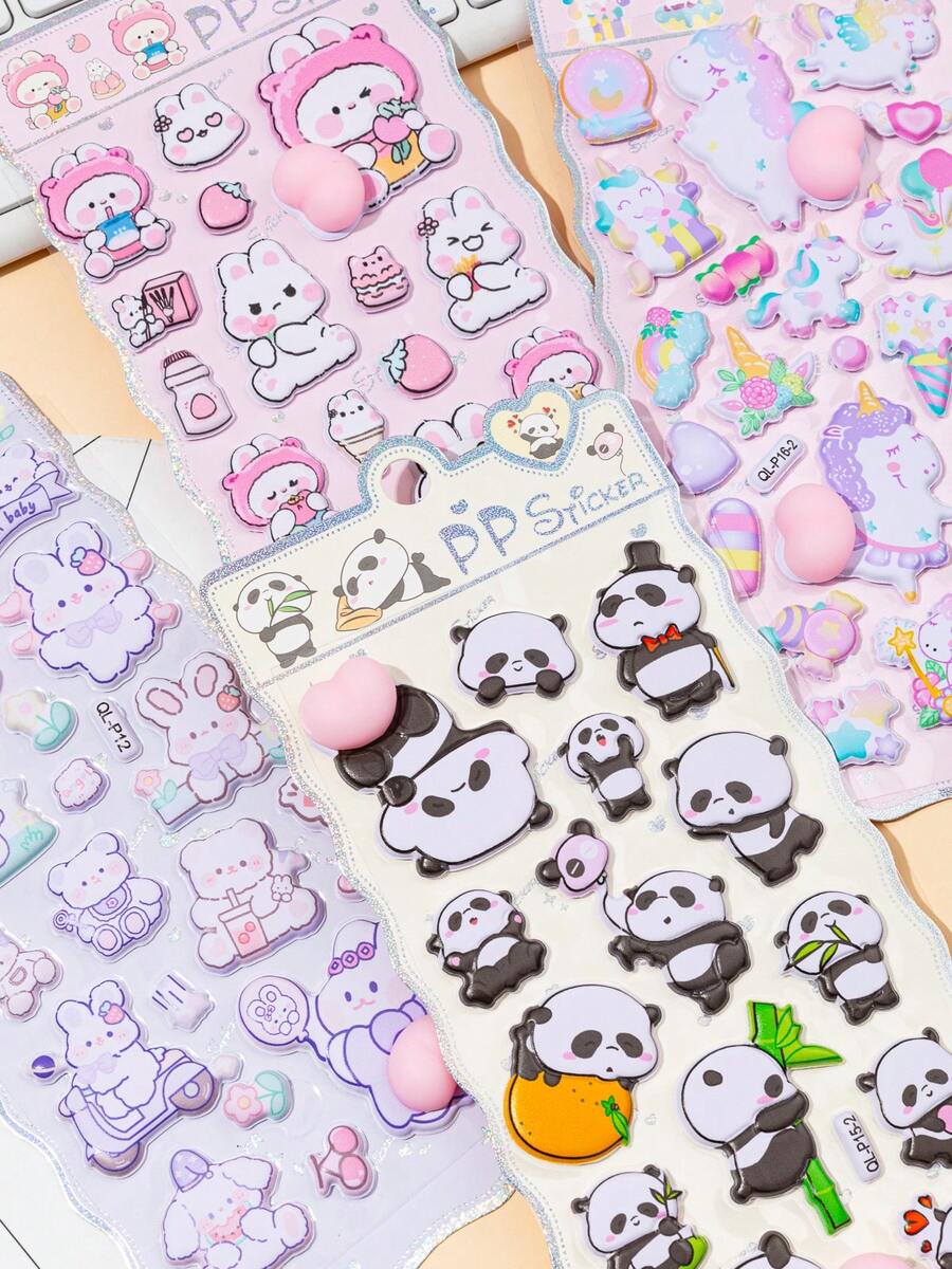 Conjunto de adesivos 3D de animais fofos de desenho animado (lançado em 2026), incluindo coelho, urso, panda e pônei arco-íris. Adesivos reutilizáveis e à prova d'água para decoração DIY e capas de celular. - Multicolorido - Ver 1