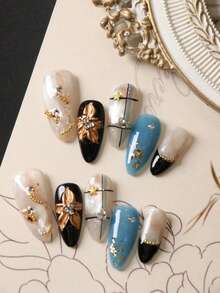 10pcs Press On Acrylic Nails Fake Nails Long Black Blue Golden Big Flower Pure Handmade Production Nails Long Nails Press On Nails Set Includes 1sheet Adhesive Tabs &1 Pc Mini File Handmade Press On Nails - Multicolor - View 1