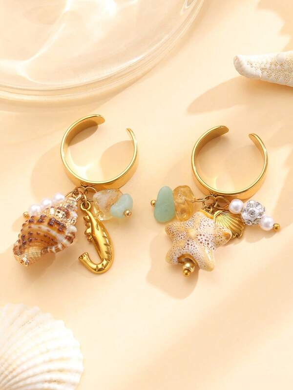 1pc Bohemian Style Stainless Steel Ring With Seashell, Starfish & Faux Pearl Pendant, Fashionable & Elegant Versatile Ring For Women, Suitable For Daily, Beach, Party Wear