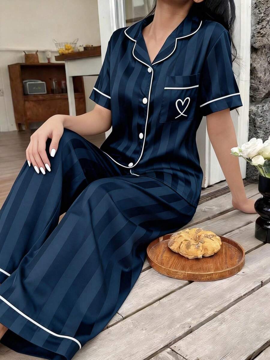 2pcs Striped Subtle Textured Satin Short-Sleeve And Pants Pajama Set - Spring/Summer Comfortable Casual Loungewear Set - Màu xanh lam - Xem 1