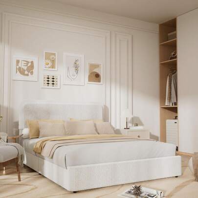 Estructura de cama completa, tapizada en bouclé con cabecero, 2 cajones, moderna estructura de cama completa con plataforma, cama beige suave, soporte de listones de madera, no necesita somier.