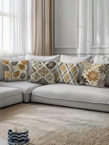 Set Of 4, Brown Abstract Geometric Leaf Pattern Cushion Covers, Made Of 100% Polyester With Single-Sided Printing, Contemporary Style (17.71''X17.71''/45Cm*45Cm) For Living Room, Bedroom, Sofa, And Chair Home Decor - Camel - View 4