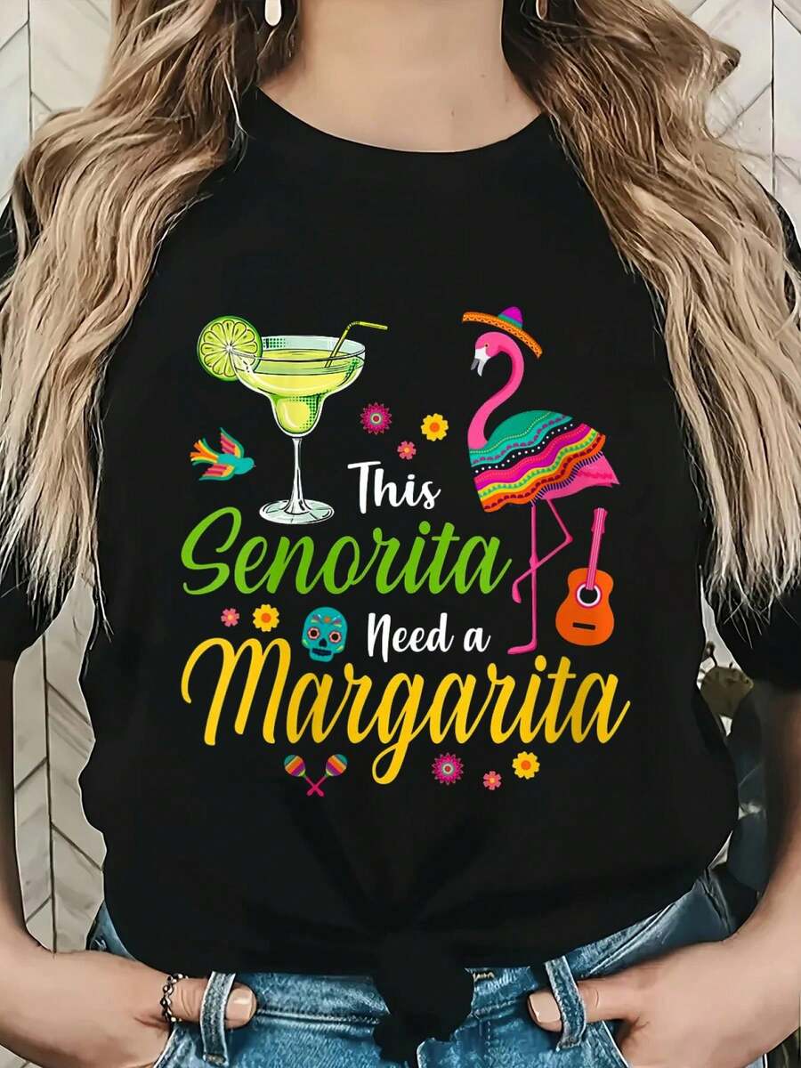 Camiseta divertida para mujeres: Esta señorita necesita una margarita, Cinco de Mayo - Negro - Ver 1