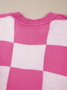 Brown Plaid Bishop Sleeve Elegant Sweater, Long Sleeve Top - 玫紅色 - 查看 11