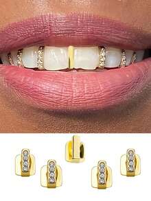 1 Set Of 3pcs/5pcs Smooth Vertical Stripe Rhinestone Metal Shiny Hip Hop Tooth Grillz, Unisex Fashion Party Clubbing Accessories - Multicolor - View 6