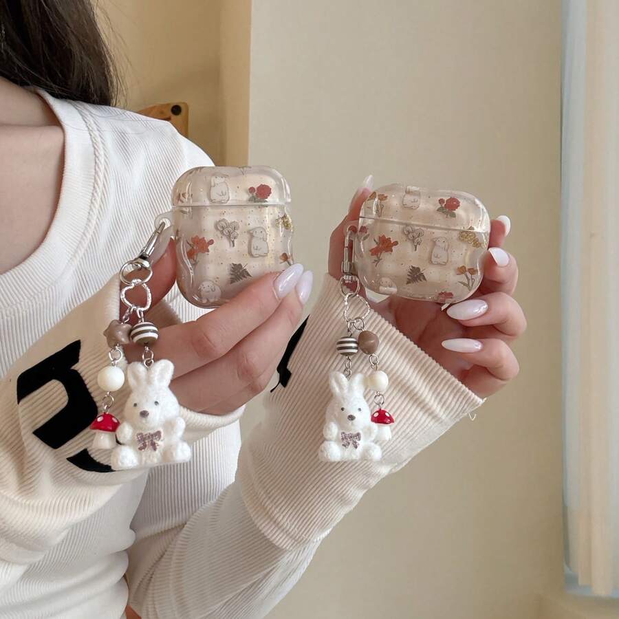 Cute Animal Puff Rabbit Keychain & Earphone Case - MD With Pendant - View 1