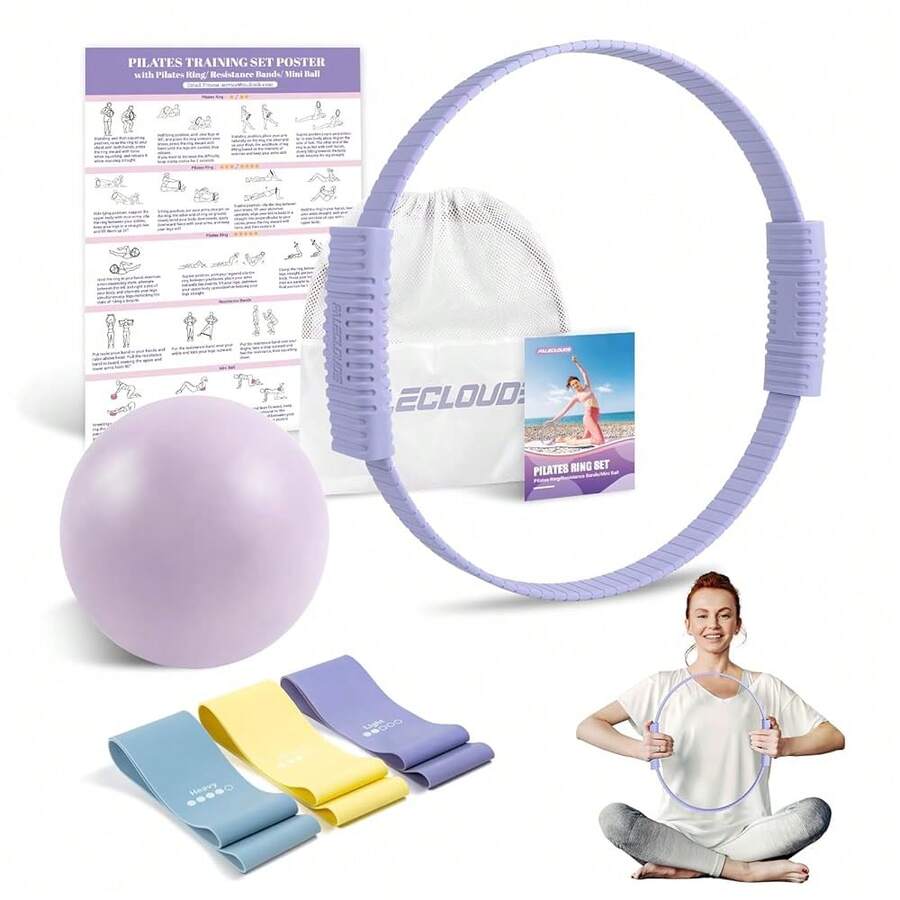 Pilates Essentials Kit For Women, 13.5\ Pilates Ring And Ball Set With Resistance Bands For Home Workouts, Portable Pilates Kit With Bag & Training Poster For Full Body Exercise - Purple - 查看 1