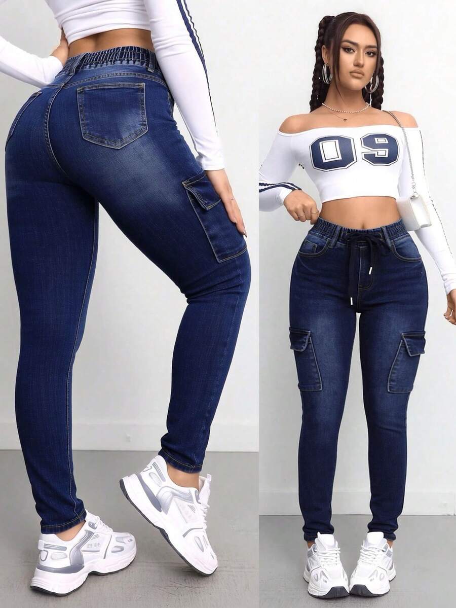 Jeans Ajustados de Cargo de Cintura Media con Cordel de Lavado Negro/Azul Oscuro para Mujer, Pantalones Modernos y Elegantes - Azul lavado oscuro - Ver 1