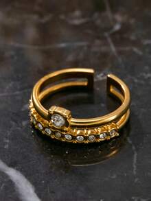 1枚18K镀金不锈钢双层水晶可调节戒指，适合女士日常佩戴 - 金黃色 - 查看 3