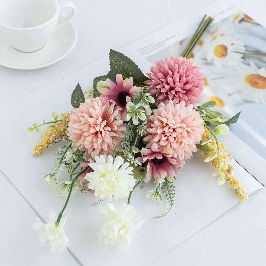 1/50 piezas Bolas de crisantemo artificial, ramo de flores de seda, plantas falsas para decoración de boda primaveral, hogar, comedor, dormitorio, Día de la Madre, San Valentín, fiestas, cumpleaños, jardín exterior - Rosa - Ver 1