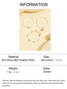 3pcs/Set Summer Beach Vacation Faux Pearl Starfish Beaded Bracelet, Fashionable Gold Alloy Shell Pendant, Beach Pebble Handmade Chain Bracelet For Women, Suitable For Daily Wear, Beach Travel, Dating, Photography - Gold - View 5