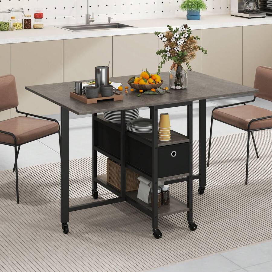 Yitahome Folding Dining Table For 4-6, Mobile Drop Leaf Table With 6 Wheels & Storage Drawers For Small Spaces, Kitchen, Dining Room - Grey Oak Color + Black - View 1