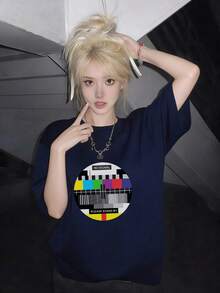 新款夏季 Z 世代 Y2K 风格女式趣味印花圆领短袖 T 恤 - 藏蓝色 - 查看 3