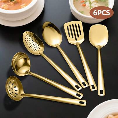 6pcs Stainless Steel Flatware Set | High-Quality Gold-Colored Kitchen Utensils | Includes Serving Spoon, Serving Ladle, Serving Spatula, Square Serving Spoon, Soup Ladle And Soup Spoon | Kitchen Essential, Luxury Configuration, Rust-Resistant, Modern Stylish | Ideal Gift For Christmas, Easter, Thanksgiving And Various Holidays | Premium Design, Necessary For Home Dining And Cooking