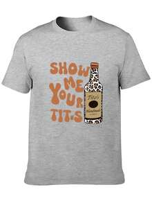 Men's Casual Short-Sleeve T-Shirt, "Show Me Your Titos" Text Pattern Top, Casual Style, 100% Cotton Top, Fashion Summer Short-Sleeve T-Shirt, Heat Transfer Print Design, Couple Outfit, Perfect Valentine's Day Gift, Couple Printed T-Shirt, Vodka Enthusiast Printed Shirt, Men's Printed T-Shirt. - Grey - View 2
