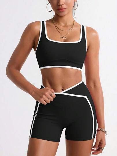  MFVIM黑色吊带背心和短裤运动套装，女士休闲运动服，黑白撞色设计提腰修身透气舒适，户外跑步、骑行、瑜伽、普拉提、健身房锻炼必备