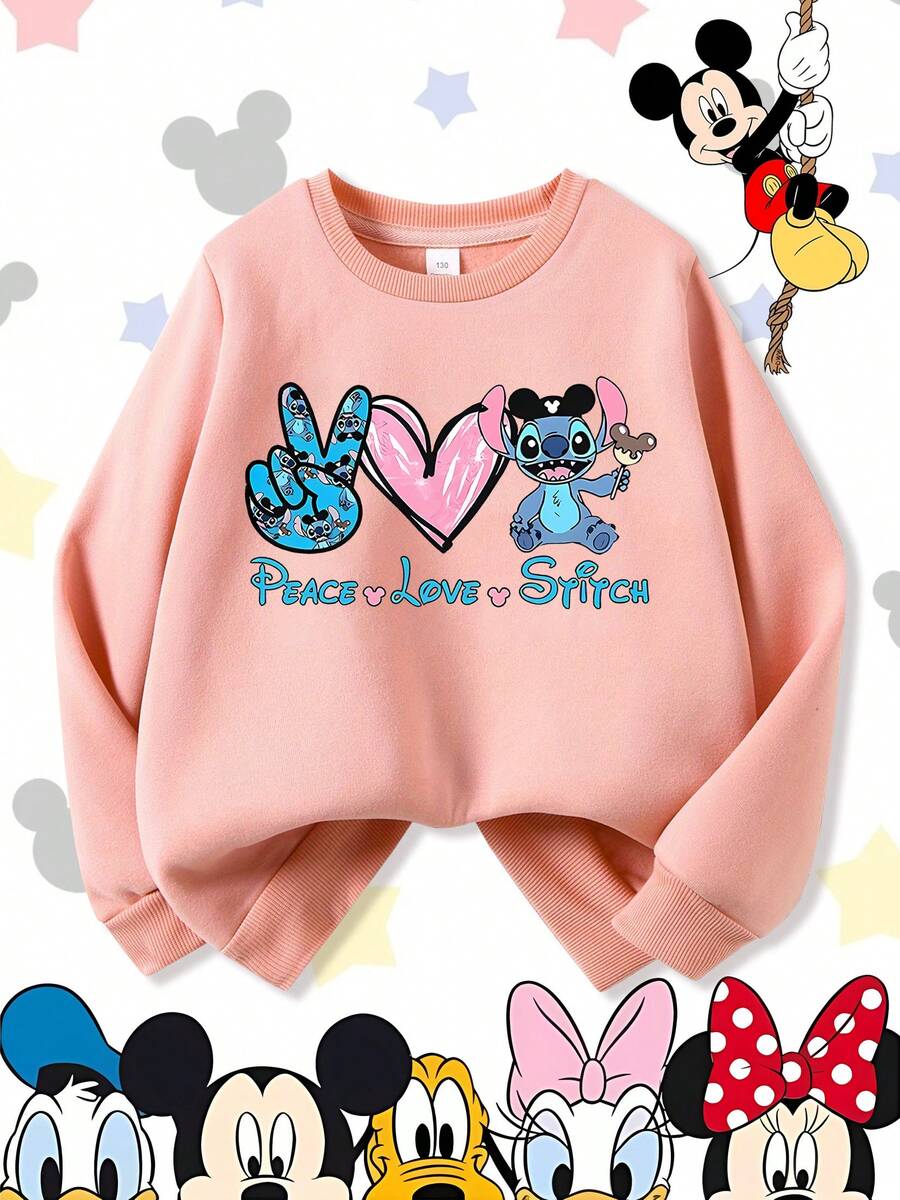 Disney Lilo & Stitch Peace Love & Mickey Ice Cream Graphic Comfortable Print Young Girls' Long Sleeve Sweatshirt, Suitable For Autumn/Winter, Lightweight And Cozy, Great For Layering In Fall, Fashionable Casual Wear, Graphic Design, Back To School Season, Autumn, Back To School Party, Suitable For Outdoor Picnic, Street Photography, Home, Campus, Holidays, New Year Gift - Pink - View 1
